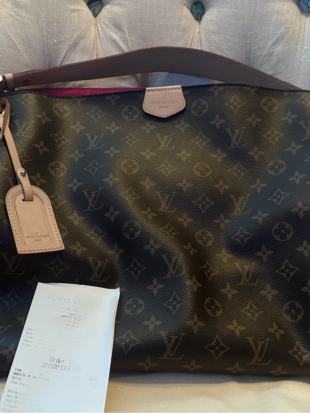 Louis Vuitton Monogram Tote with Fuchsia Interior and Natural Leather Trim. - Picture 6 of 16